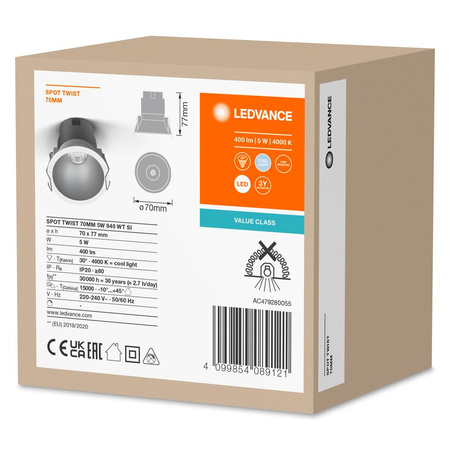 LED zapustené stropné zapustené bodové svietidlo 5W 400lm 4000K, neutrálna biela sieť biela strieborná Downlight Slim Ledvance