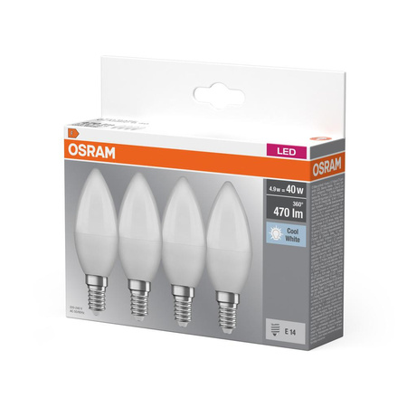 4x LED žiarovka B37 sviečka E14 4,9W = 40W 470lm 4000K neutrálna biela 180° BASE Osram