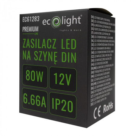 Napájací zdroj na DIN lištu pre LED pásky 80W 12V 6,66A IP20 PREMIUM Ecolight