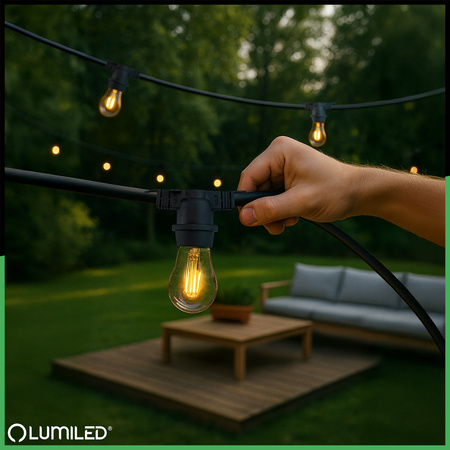 Záhradná vonkajšia svetelná reťaz Girland 15 m 15x žiarovka E27 1,3 W 2200K NARCI Lumiled