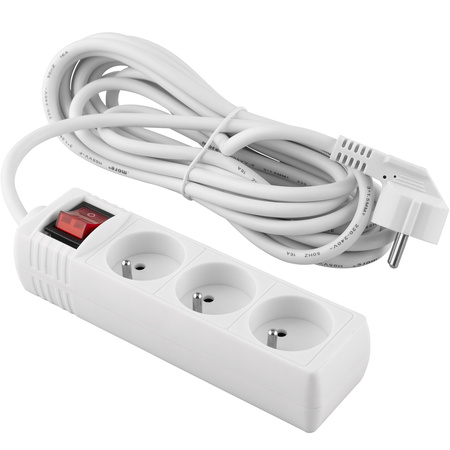 Sieťový predlžovací kábel Zástrčka - 3x zásuvka s uzemnením a vypínačom Napájacia lišta 5m 3x1,5mm 16A biela