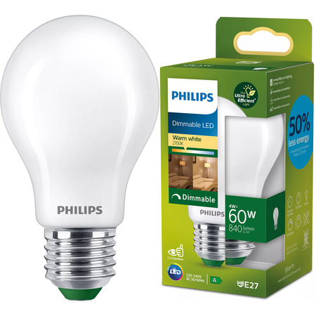 LED žiarovka E27 A60 4W = 60W 840lm 210lm/W 2700K teplá biela 300° Dimmable CLASS A UltraEfficient Philips