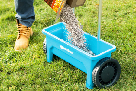 Rozmetadlo trávnych semien, hnojív a hnojív na kolieskach CELLFAST