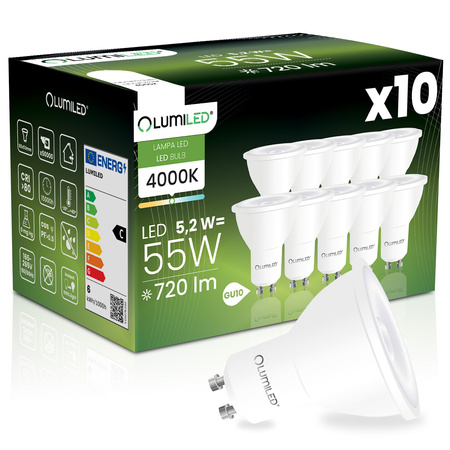 10x LED žiarovka GU10 reflektor PAR16 5,2W = 55W 720LM 4000K neutrálna biela 38° LUMILED