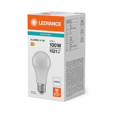 LED žiarovka E27 A60 13W = 100W 1521lm 4000K neutrálna biela 180° Ledvance