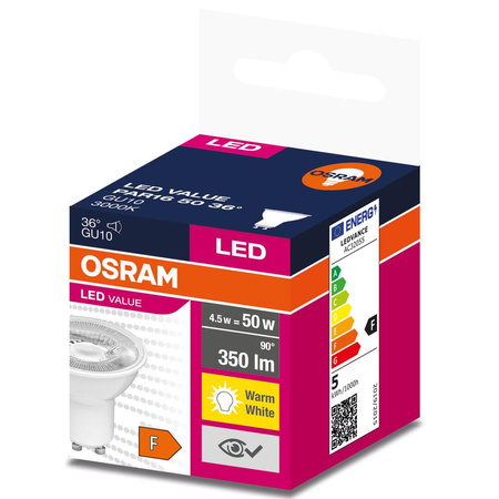 LED PAR16 reflektor GU10 4,5W = 50W 350lm 3000K, teplá biela 36° VALUE Osram
