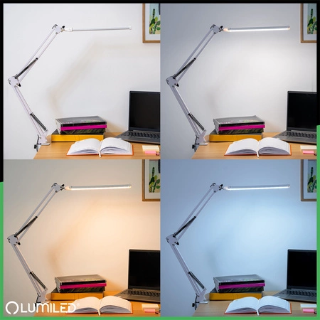 Lampka Biurkowa Kreślarska Stołowa LED 12W CCT USB Ściemnialna COSMI Biała z uchwytem Lumiled