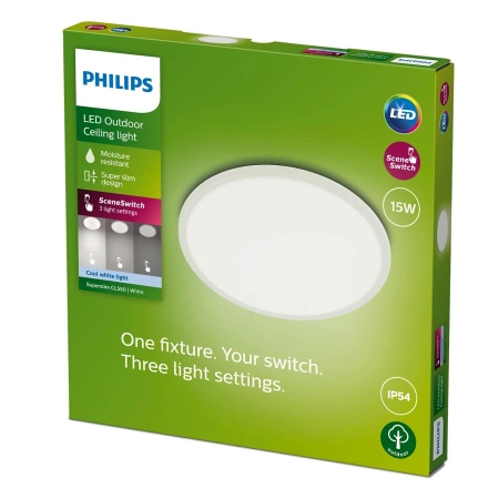 Záhradná lampa LED Plafon 15W 1500lm 4000K IP54 SceneSwitch White SuperSlim Philips