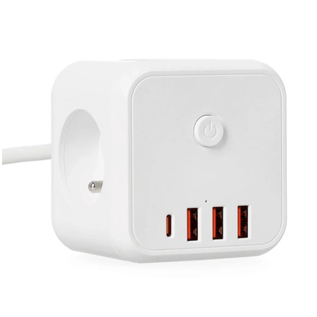 Predlžovací kábel Zástrčka 3x uzemnená zásuvka Napájací pásik 3x USB-C Vypínač 1,5 m biely Linea Pro Cube Kobi