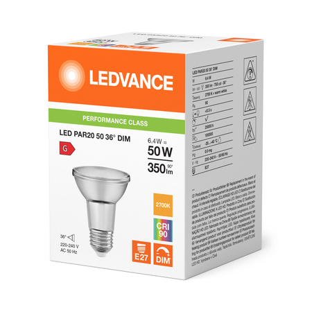 LED žiarovka reflektor E27 PAR20 6,4W = 50W 350lm 2700K teplá biela 36° CRI90 Stmievateľná Ledvance