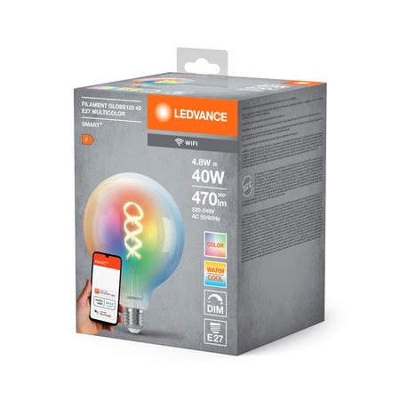 LED žiarovka E27 4,8W = 40W 470lm RGBW CCT Stmievateľná SMART+ WiFi Filament Globe Ledvance
