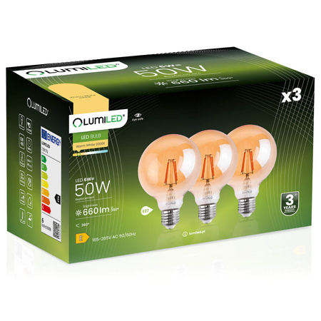 3x dekoratívna LED žiarovka E27 G95 6W = 50W 660lm 2000K teplá biela 360° vlákno LUMILED Globe Amber