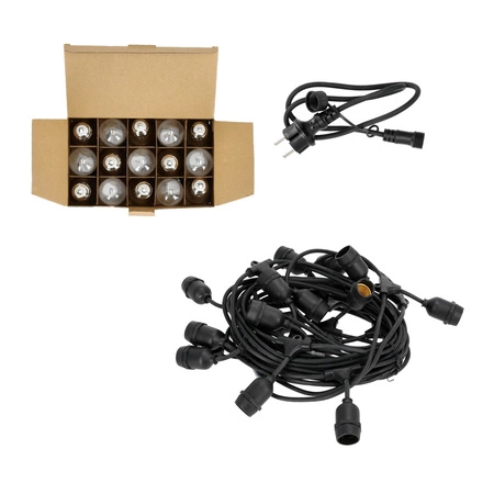 Vonkajšia záhradná svetelná reťaz 500lm 2700K teplá biela 15x E27 Black IP44 15m Baja Kobi