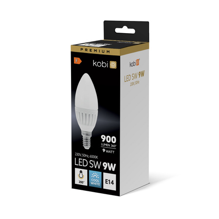 LED žiarovka E14 sviečka 9W 900lm 6000K studená biela 200° Premium Kobi