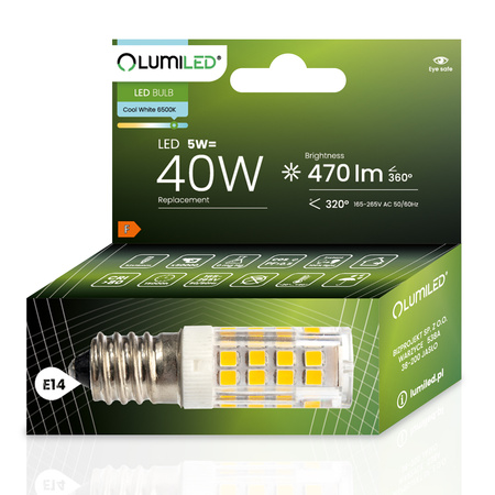 6x LED žiarovka do chladničky T25 E14 5W = 40W 470lm 6500K, studená biela 320° LUMILED