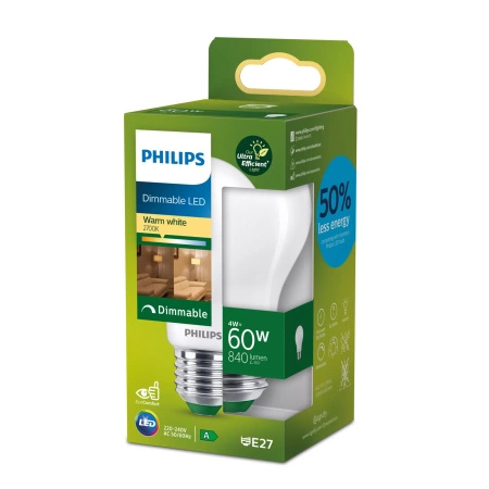 LED žiarovka E27 A60 4W = 60W 840lm 210lm/W 2700K teplá biela 300° Dimmable CLASS A UltraEfficient Philips
