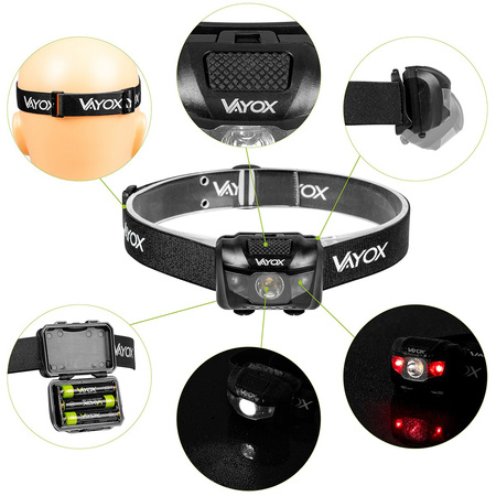 Nabíjacia čelová baterka 100lm LED + 2x LED VA0178 VAYOX