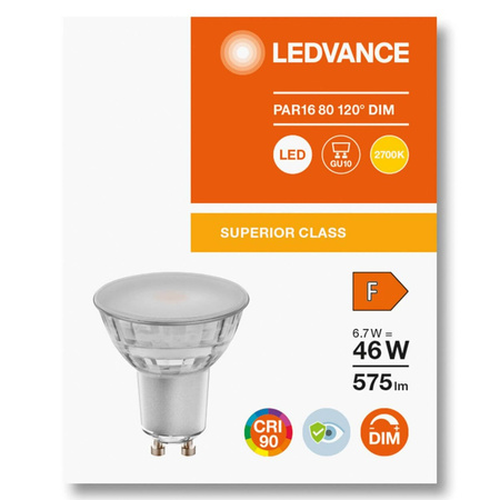 GU10 LED žiarovka 6,7W = 48W 575lm 2700K teplá biela 120° CRI90 Stmievateľné sklo LEDVANCE Superior