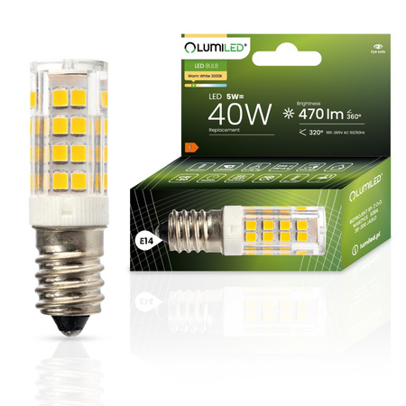 LED žiarovka E14 Tubular T25 5W = 40W 470lm 3000K teplá biela 320° LUMILED