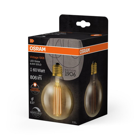 Dekoratívna LED žiarovka G95 Sphere E27 8,8W = 60W 806lm 2200K teplá biela 320° Filament Dimmable Vintage 1906 Osram