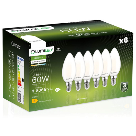 6x LED žiarovka B35 E14 7W = 60W 806lm 4000K neutrálna biela 360° Filament Milky LUMILED