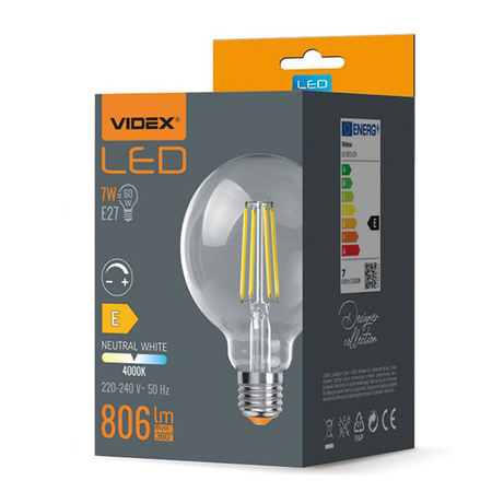 LED žiarovka E27 G95 Sphere 7W = 60W 806lm 4000K neutrálna biela 360° FILAMENT Stmievateľná Videx