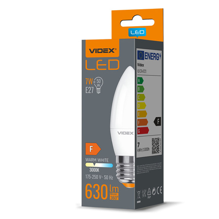 LED žiarovka E27 C37 sviečka 7W = 50W 630lm 3000K teplá biela 220° Videx