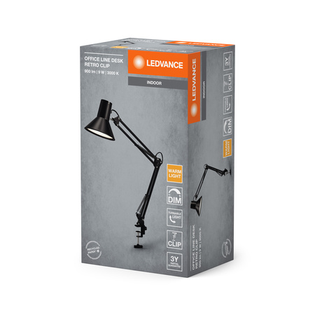 LED stolná lampa Clip Nastaviteľný 9W 393lm 3000K, teplá biela stmievateľná čierna Kancelárska linka Ledvance