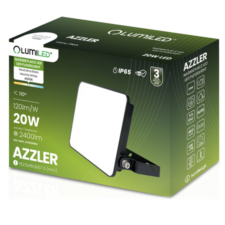 LED reflektor AZZLER 20W 2400lm 4000K IP65 Halogénová vonkajšia lampa Black LUMILED