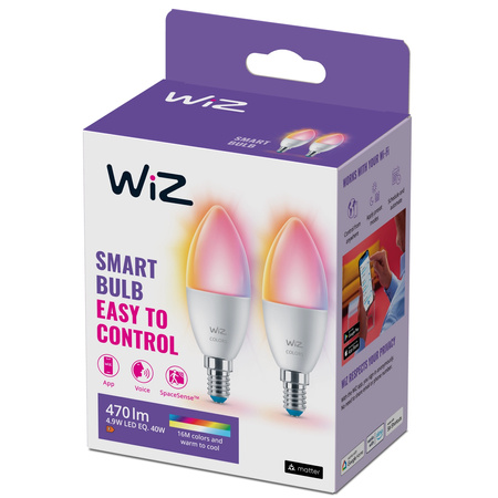 2x LED žiarovka E14 sviečka C37 4,9W = 40W 470lm 2200-6500K RGB + TW Smart SMART WiFi Bluetooth App WiZ