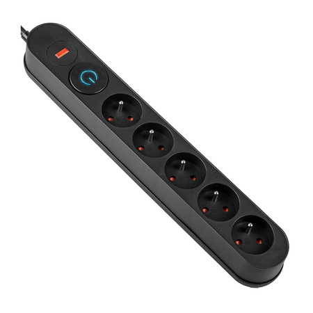 Predlžovací kábel s prepäťovou ochranou 5M 5GN čierny Napájací pás + prepínač