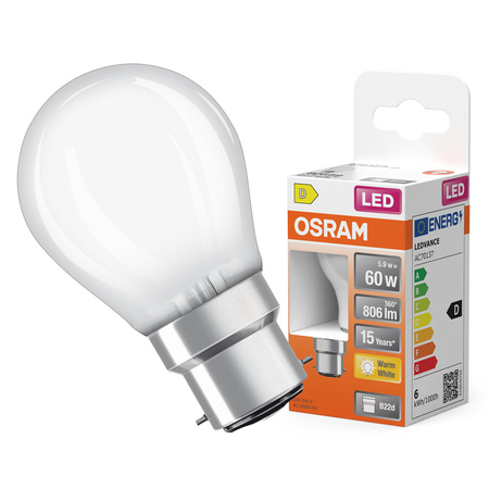 LED žiarovka P45 guľka B22d 5,5W = 60W 806lm 2700K teplá biela 300° Retrofit Filament CLASSIC Osram