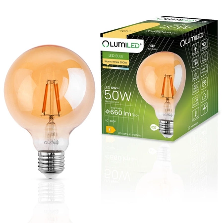 3x dekoratívna LED žiarovka E27 G95 6W = 50W 660lm 2000K teplá biela 360° vlákno LUMILED Globe Amber