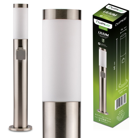 Vonkajšie záhradné svietidlo E27 INOX PIPE 65cm s 230V zásuvkou Lilium Lumiled
