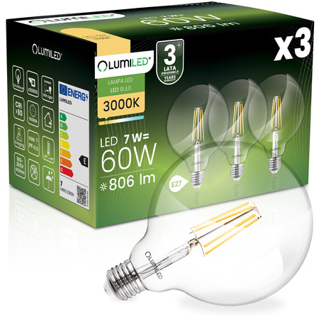 3x LED žiarovka E27 Sphere G125 7W = 60W 806lm 3000K Warm 360° FILAMENT LUMILED
