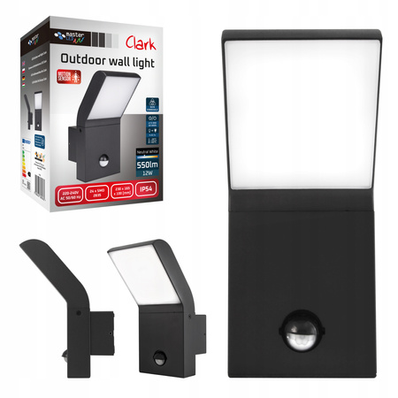 Vonkajšie fasádne nástenné svietidlo LED 12W 550lm 4000K neutrálna biela 120° čierne IP54 so snímačom pohybu Clark Masterled
