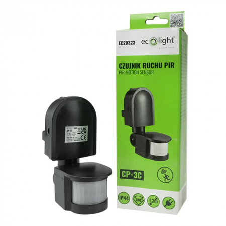 PIR senzor pohybu a súmraku IP44 Povrchová montáž Nastaviteľný čierny 12m 180° CP Ecolight