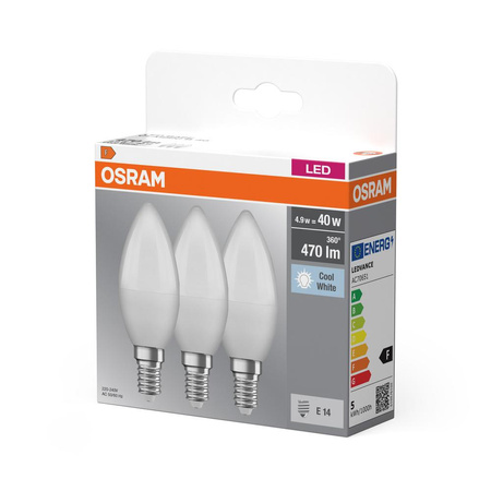 3x LED žiarovka B37 sviečka E14 4,9W = 40W 470lm 4000K neutrálna biela 180° BASE Osram