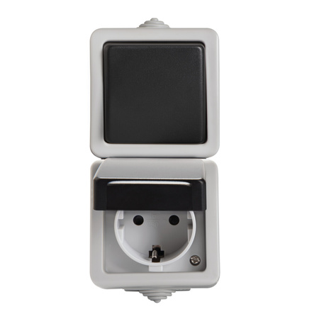 Jednopólová spínaná zásuvka Ochrana 10A Uzemnenie IP54 Obdĺžniková sivá TEKNO Kanlux