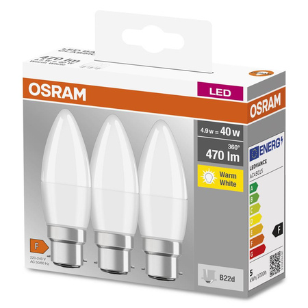 3x LED žiarovka B37 sviečka B22d 4,9W = 40W 470lm 2700K teplá biela 200° BASE Osram