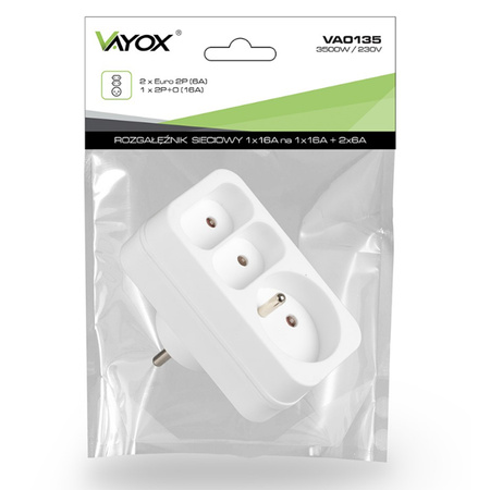 Rozdeľovač elektrickej siete 2x Euro 2P + 1x 2P+0 Zlodej 3 zásuvky VAYOX