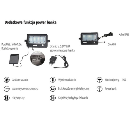 LED HALOGEN solárne reflektory 10W 4000K 1100lm KOBI Motion Sensor Power Bank