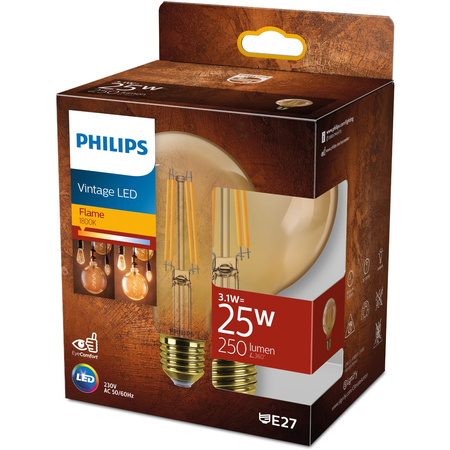 LED žiarovka E27 G95 3,1W = 25W 250lm 1800K teplé vlákno jantárová PHILIPS