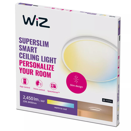 Plafond LED povrchová stropná lampa 22W 2450lm 2700-6500K TW 43cm biela okrúhla Smart SMART WiFi Bluetooth aplikácia Superslim WiZ