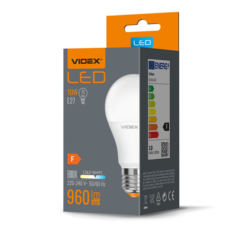 LED žiarovka E27 A60 10W = 70W 960lm 6000K studená biela 240° Videx