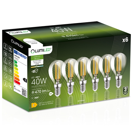 6x LED žiarovka E14 Ball P45 4W = 40W 470lm 4000K Neutral 360° FILAMENT LUMILED