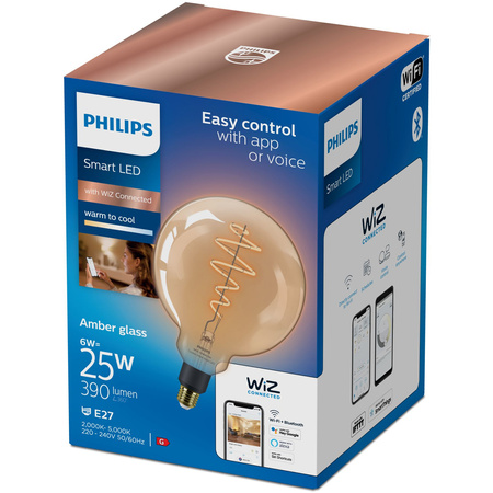 LED žiarovka E27 Sphere G200 6W = 25W 390lm 2000-5000K TW FILAMENT Amber Smart SMART WiFi Bluetooth App WiZ Philips