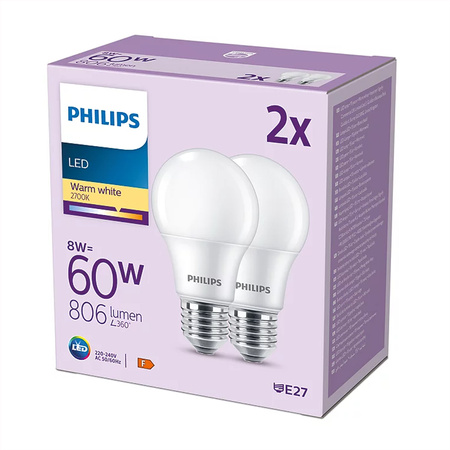Sada 2x LED žiarovka E27 A60 8W = 60W 806lm 2700K teplá biela 150° PHILIPS