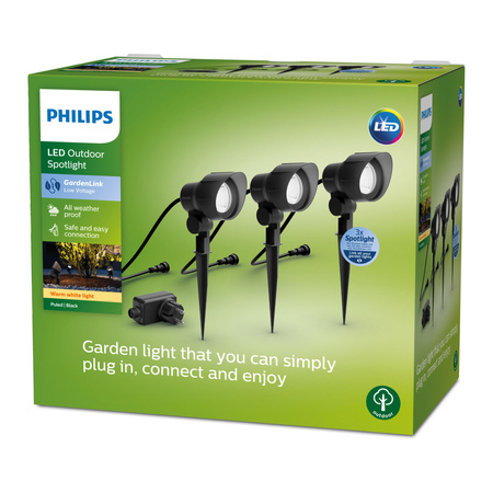 3x LED reflektorová záhradná lampa 6W 600lm 2700K IP44 antracit + nízkonapäťový 12V zdroj Philips