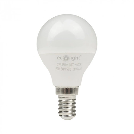 LED žiarovka guľka P45 E14 5W 450lm 6500K studená biela Ecolight